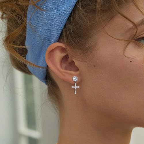 Mens Cross Drop Hanging Sterling Silver Cz Iced Stud Dangle Hoop Earrings3