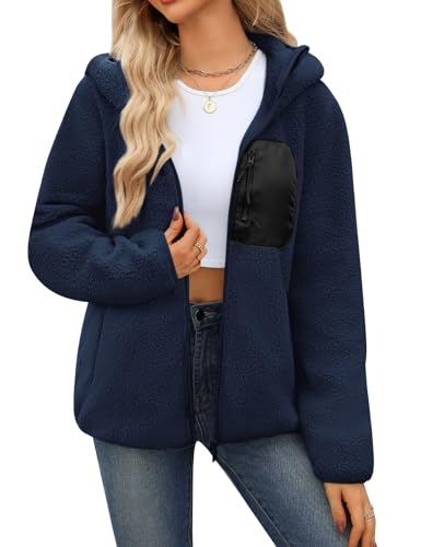 CMTOP Sudaderas Mujer con Capucha Chaqueta Invierno con Forro Polar Hoodie Sudaderas de Sherpa Casual Abrigo Otoño Invierno Ligero Sudaderas Borreguito con Cremallera y Bolsillos(Azul marino, L)