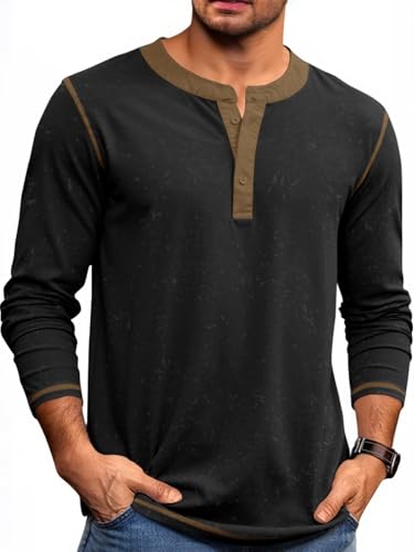 Yousify Mens Henley Shirt Long Sleeve Casual Cotton Basic T Shirts Button Washed Retro Lightweight Tee Tops