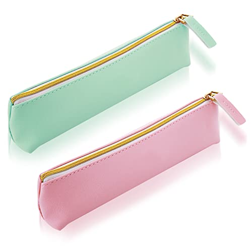 TIESOME Federmäppchen aus Leder, 2 Stück niedlich schmal Stiftetasche kleine Bleistifttasche schöne Schreibwarentasche tragbar Kosmetiktasche Reißverschlusstasche für Stifte, Marker (Grün + Pink) Cover