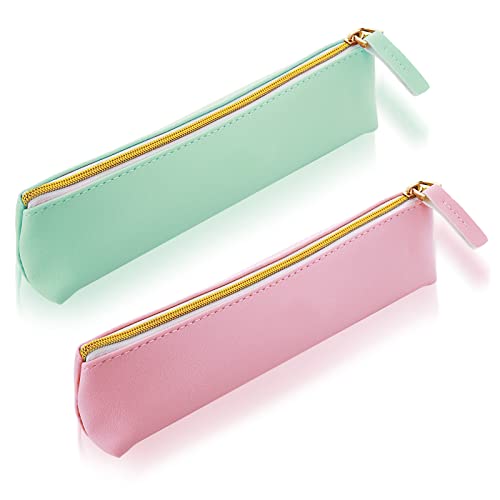 TIESOME Astuccio per penna in pelle, 2 pezzi Astuccio per penna sottile carino Astuccio per matite Astuccio per cancelleria Astuccio cosmetico portatile Borsa con cerniera per pennarelli(verde + rosa)