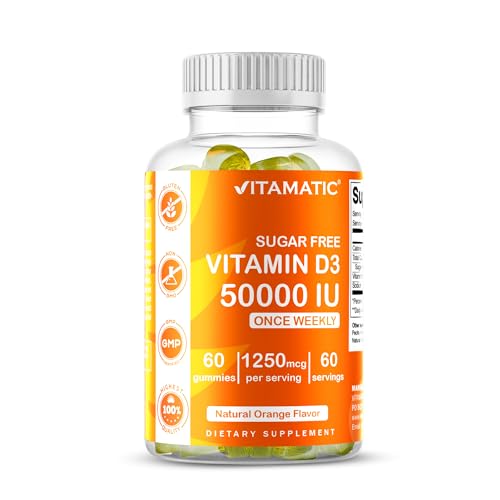 Vitamatic Sugar Free Vitamin D3 50,000 IU Weekly Supplement &ndash; 60 Pectin-Based Gummies High-Potency...