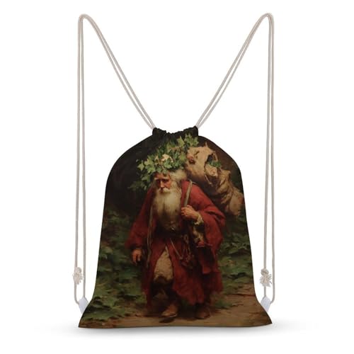 Old Man Ivy Wreath on Head Walking in Forest Drawstring Backpack Canvas String Bag Lightweight Sports Gym Bag for Men Women