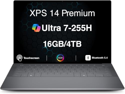 Image of Dell XPS 14 Premium Laptop DA14250, 14.5 inch 3.2K OLED Touchscreen Display, Intel Core Ultra 7 255H, 16GB LPDDR5X RAM, 4TB PCIe SSD, Backlit Keyboard, Fingerprint Reader, WiFi 7, Windows 11 Pro