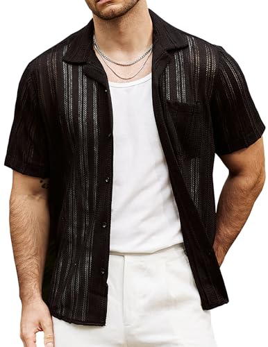 VATPAVE Mens Summer Lace Shirts See Through Sheer Shirts Casual Short Sleeve Button Down Beach Shirts