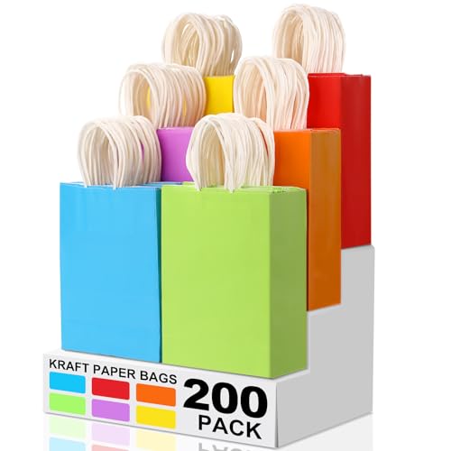 XPCARE 200Pcs Paper Gift Bags, 6.3'x3.15'x8.66' Kraft Paper Party Favor Bags Bulk Rainbow Goodie Bags Small Gift Bags with Handles for Kids Birthday Baby Shower Crafts Wedding Supplies (6 Colors)