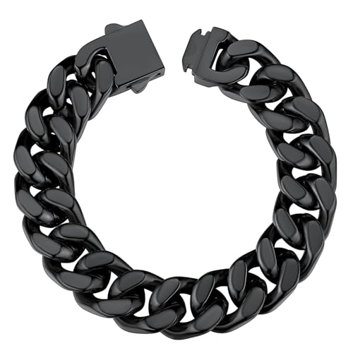 ChainsHouse Stainless Steel Cuban Link Bracelet for Men, 5mm/7mm/9mm/12mm Width, 7.5"/8.3"/9" Length, Black/18K Gold Plated Chain Wrist Bracelets for Men, with Gift Box f. 14mm width-black 7