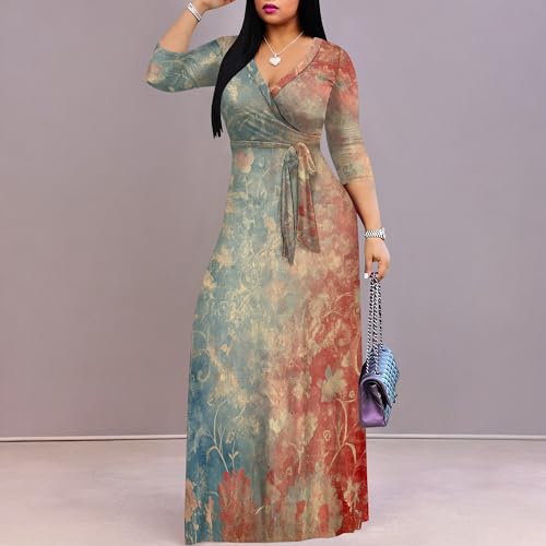 Image of Plus Size Dresses for Women Print Maxi Dresses 3 /4 Sleeve with Belt