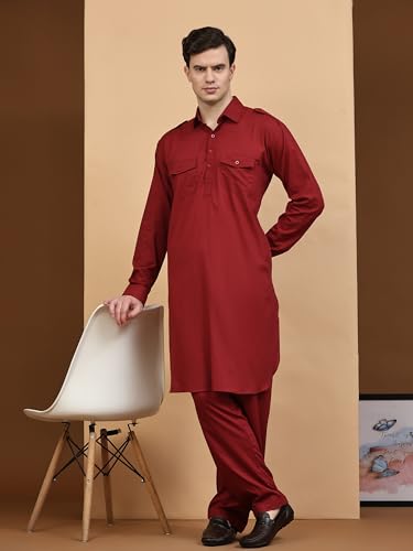 SKAVIJ Men Cotton Pathani Kurta Pajama Set Indian Casual Dress Set4