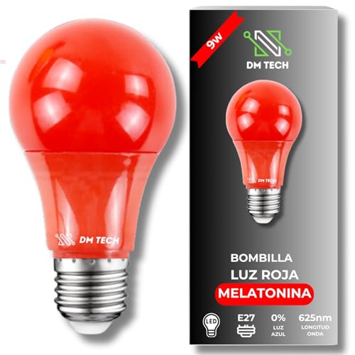 DM TECH Luz Roja Nocturna Melatonina E27 - Bombilla Terapia Roja para Dormir - 0% Luz Azul + Rosca Estándar + Mejora del Ritmo de Descanso