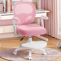 HOFFREE Kids Desk Chair Ergonomic Study Chair with Flipped Armrest and Footrest Adjustable Height Swivel Kids Computer Chair Mesh Desk Chair for Boys Girls Children in Home Bedroom Study Room Pink