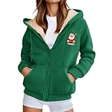 Weihnachtsoutfit Damen Lustig Teddy Fleece Gefüttert Oversize Sweatshirt Weihnachten Kapuzenpullover Weihnachtsmann Winter Reh Weihnachtswichtel Langärme Warm Dicke Thermo Hoodie, Dark Grün, XL