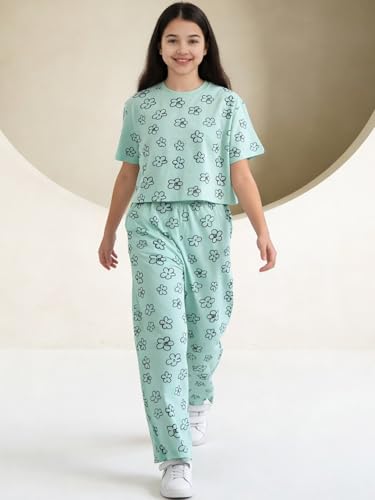 Image of Li'l Tomatoes Girls Cotton Night Suit Set | 100% Cotton Summer Co-Ord Set | Half Sleeve T-Shirt & Full Length Pajama | Soft & Breathable Printed Clothing Set | 9-16 Years