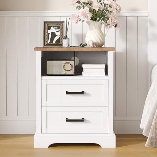 ChooChoo Farmhouse Night Stands with Charging Station, Wood Nightstand Set of 2 with 2 Drawers, Bedside Table with Open Storage Shelf for Bedroom, White - Image 3