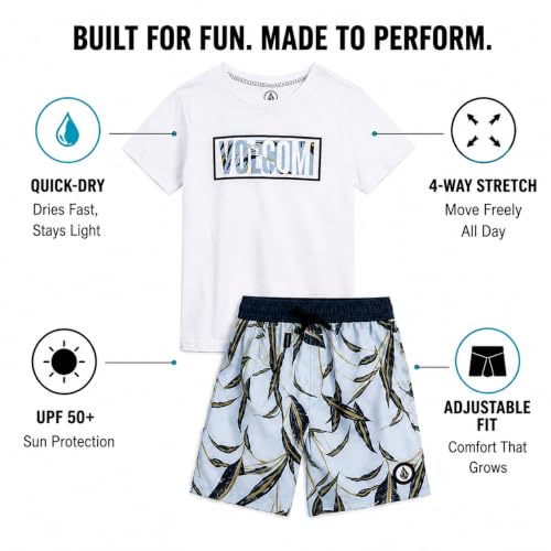 Image of Volcom Baby Boys Swim Set - 2 Piece Short Sleeve Swim Shirt Graphic Tees & Board Shorts - Infant Toddler Little Boys Swimsuit
