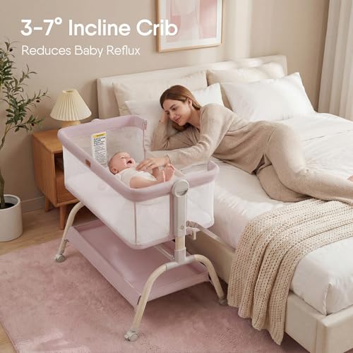Image of Baby Bassinet Bedside Crib, 3-in-1 Baby Bassinet Bedside Sleeper with Mattress and Soft, Breathable Sheet, Full-Mesh Sides, 6-Height Adjustable, Stable and Secure Crib for Newborns