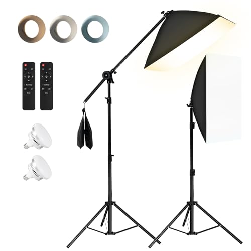 NiceVeedi 85W Photography Lighting, 2-Pack 20'' x 28'' Professional Softbox Lighting Kit with 53'' Boom Arm & 91'' Tripod Stand, Remote Control, Studio Lights for Live Streaming/Portrait/Photography