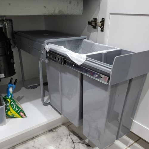 Image of jxgzyy Pull Out Kitchen Bin 10L+20L Sliding Double Trash Can with Lid Under Cabinet Categorize Garbage Easy to Disassemble Kitchen Recycling Trash Container Bin, Gray