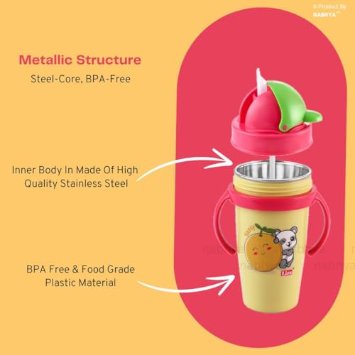 Image of Nabhya Inner Stainless Steel & Outer Plastic 360ml BPA-Free Cute Animal Design Baby Sipper Kids Water Bottle with Straw and Side Handle for Kids (Pink & Yellow - 2pc)