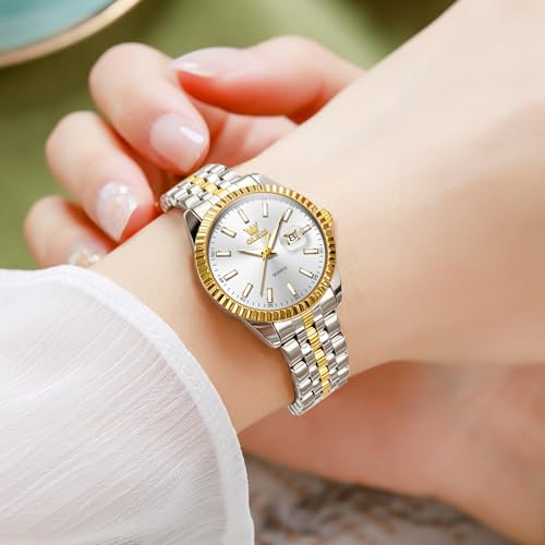 OLEVS Women's Stainless Steel Watch, Luxury Gold Silver Two Tone Easy to Read Analog Quartz Dress Watch for Women, Elegant Waterproof Luminous Calendar Date Ladies Watches for Small Wrists2