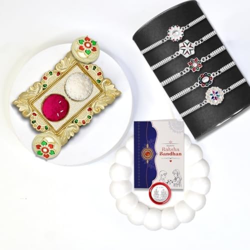 Image of Oblivion Set of 5 Silver Colour Designer Rakhi for Brother | Fancy Multi Design Rakhi Collection with Ganesh Ji Pooja Thali, Coin & Greeting Card | Raksha Bandhan Gift Set