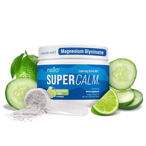 Image of Nello Supercalm Powdered Drink Mix Tub, Cortisol Reducer* and Sleep Aid Supplement, L Theanine, Ksm-66 Ashwagandha, Magnesium Glycinate, Vitamin D 3, No Sugar, Non GMO, 30 Ct, Cucumber Lime