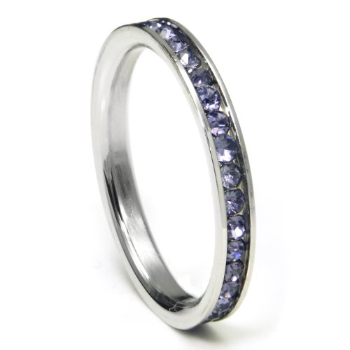 Metal Factory 316L Stainless Steel Lavender Cubic Zirconia CZ Eternity Wedding 3MM Band Ring