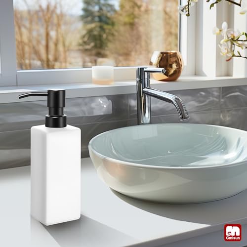 Image of GMISUN White Soap Dispenser Bathroom, Hand Glass Soap Dispenser with Stainless Steel Pump, 12 fl oz /350ml Dish Dispenser for Kitchen, Modern Refillable Liquid Soap and Lotion Dispenser for Countertop