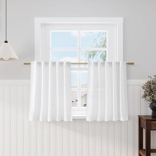 Image of Nanspring Kitchen Linen Curtains 30 Inch Length White Semi Sheer Light Filtering Curtains Back Tab and Rod Pocket Modern Farmhouse Decor for Cafe Small Window Curtain 29 x 30 Inch,2 Panels