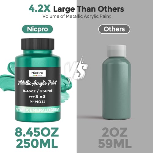 Image of Nicpro Metallic Emerald Green Acrylic Paint, 8.45oz /250ml Craft Paints | Large, Non Toxic, Non Fading Pearlescent Paint for Metal, Wood, Clay, Canvas, Ceramic, Furniture, Handcrafts, Art Supplies