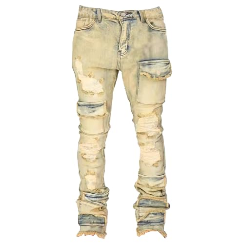 Men's Denim Workwear Straight-Leg Pants Elastic Tight-Fitting Ripped Denim Layered Flared Men's Pants
