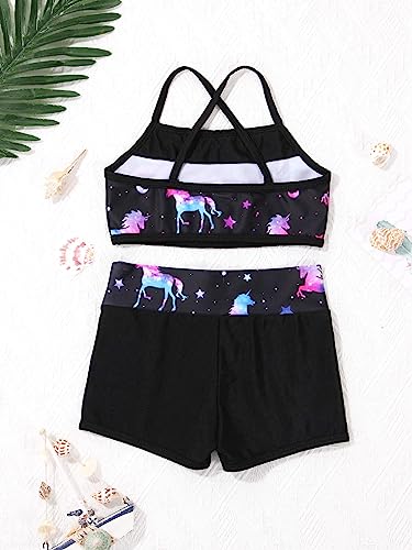 Kids Girls Two Pieces Sports Dance Outfit Crop Tops Bra with Shorts Set Gymnastics Athletic Leotard Swimwear Dark Night Black 3-4 Years4
