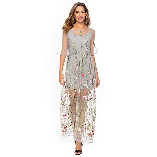 Image of BaronHong Women's Floral Embroidered Tulle Prom Half-Sleeve V Neck Midi Dress with Waist Strap