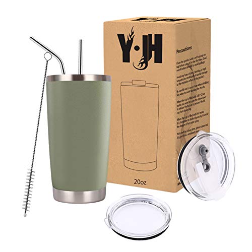 Y·JH 20oz (550ml) Vaso de Viaje de Taza de café con Aislamiento al vacío de Doble Pared Taza de café de Acero Inoxidable con 2 Tapas a Prueba de Salpicaduras, 2 pajitas, sin BPA - Ejercito Verde Cover
