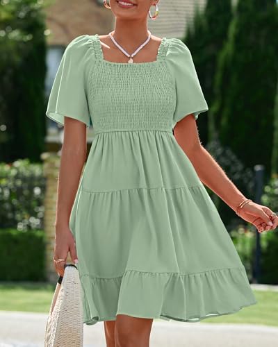 Image of BTFBM Womens Summer Smocked Mini Dress Spring Square Neck Flutter Sleeve Casual Ruffle Swing Boho Beach Dresses Pockets