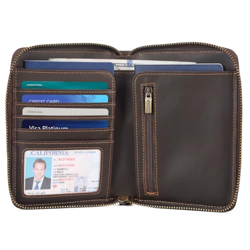 Polare Full Grain Leather Travel Passport Wallet with YKK Zipper and RFID Blocking Document Organizer Holder 2 Passports (Dark Brown) 5