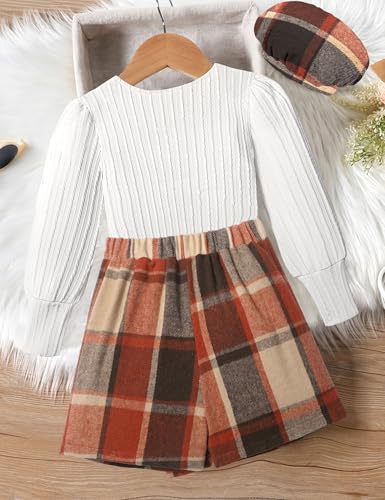 Image of AGAPENG Girl Skirt Sets 3 Piece Outfits Square Neck Jacquard Puff Sleeve Tops Plaid Mini Skirt Shorts Fall Winter Clothes
