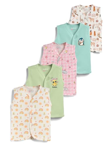 Image of HELLCAT 100% Cotton Front Open Jhabla Vest & T Shirt for Babies - Pack of 5 (Unisex,Sleeveless)