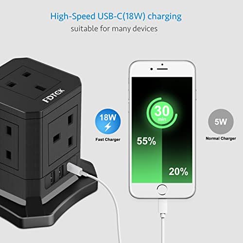 Cube Extension lead with USB C Slots, FDTEK 5 Way Plug Extension Sockets with 3 USB Ports, UK Power Extension with Switch 1.85 Metre Extension Cord for Home Office accessories