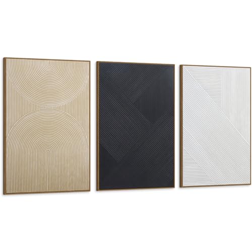 Image of Large Boho Textured 3D Wall Art Neutral Set of 3-24 inchx36 inch Hand-Painted Abstract Framed Paintings for Living Room, Bedroom - Modern Minimalist Black White Neutral Boho Decor