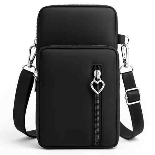 Bolsa Transversal Feminina Casual com Pingente Coração | Nylon Impermeável 3 Compartimentos – Alça Ajustável e Design Casual Leve para Celular