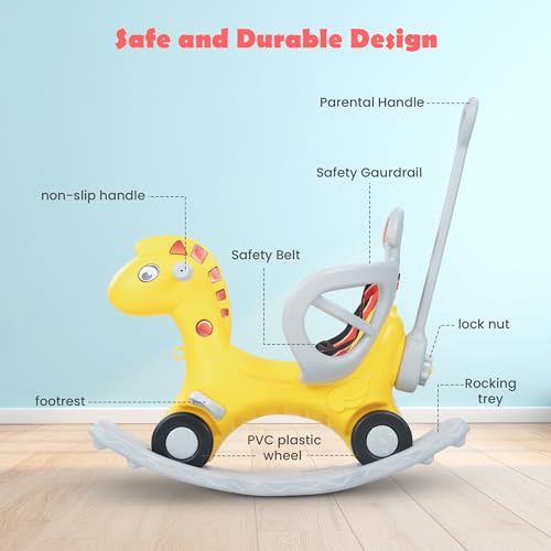 Image of 3 in 1 Baby Rocking Horse Ride On Car for Kids | Baby Rocking Chair with Parental Handle, Balance Board, Safety Guardrail & Belt | Push Ride On Toy Car for Kids 1-3 Years (Yellow)