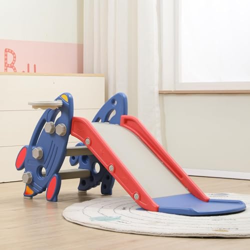 Rutsche Indoor Outdoor für Kinder, Kinderrutsche Faltbare mit Basketballkorb, Gartenrutsche Kleinkinderrutsche, Kinder Rutsche ab 1 2 3 Jahre (Rot + Blau)