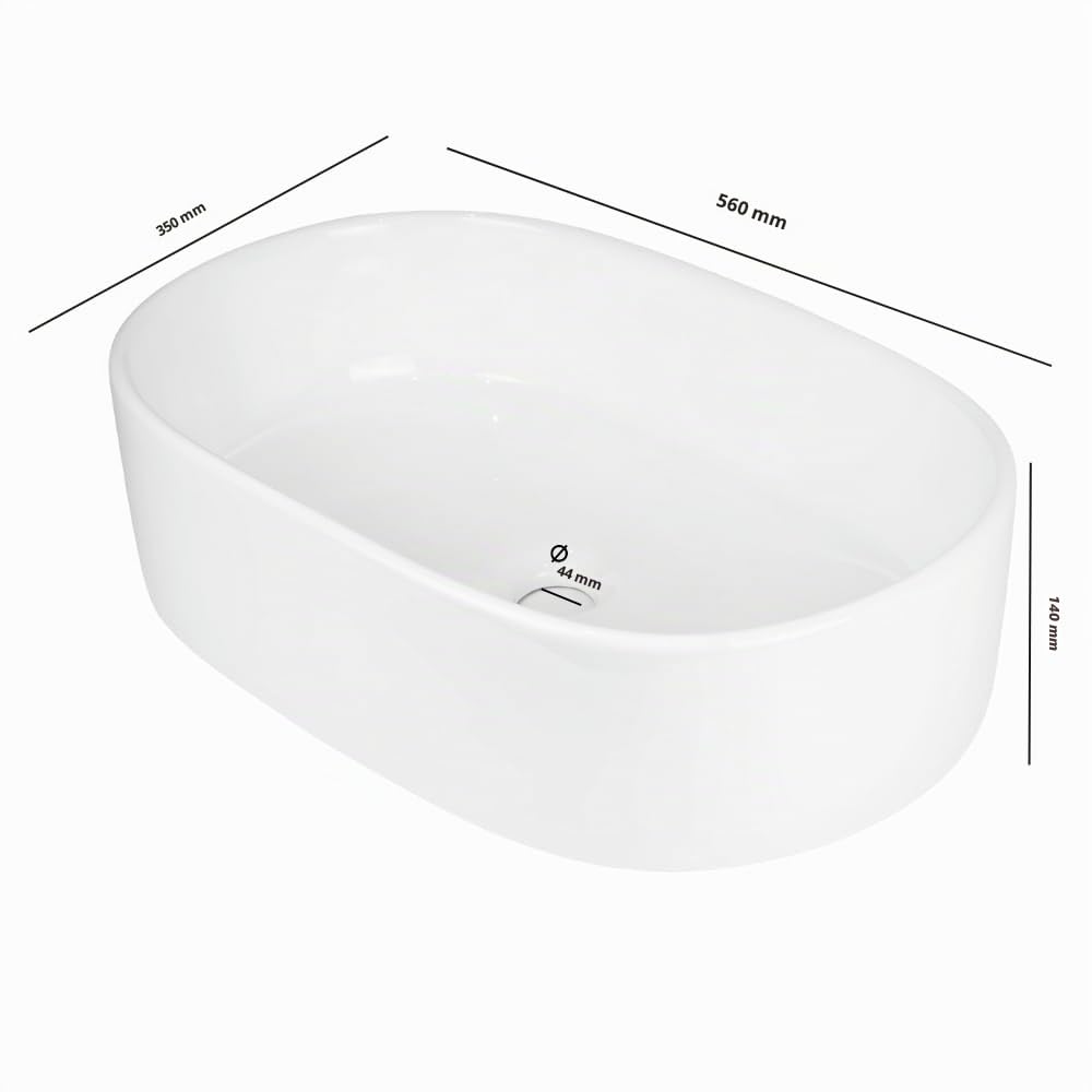 Lavabo Da Appoggio Ceramica Bianco Ovale Arredo Bagno Lavandino 56x35x14 Cm (LUCIDO)