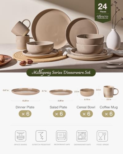 Image of Famiware Milkyway Stoneware Dinnerware Sets with Mugs, Service for 6 (24 Pieces), Plates and Bowls Sets -Scratch Resistant, Microwave and Dishwasher Safe Dishes Set, Cinnamon Brown