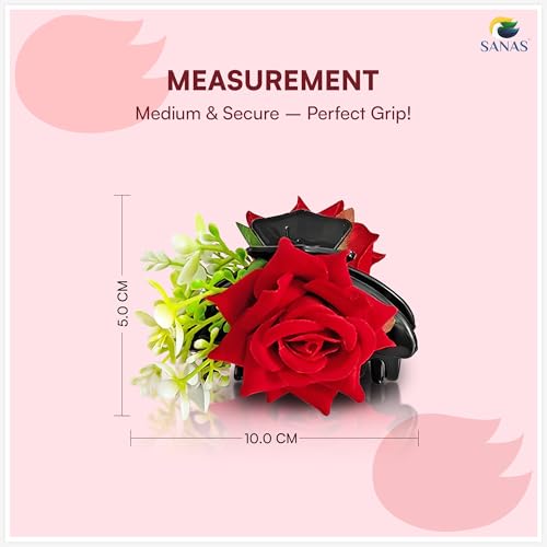 Image of Sanas Flower Claw Clip (1Pc) Red Rose Flower Clutcher For Women Hair Clutch For Women Artificial Flowers For Hair Styling Rose Clips For Hair Juda Accessories For Girls (1Pc) (Red)