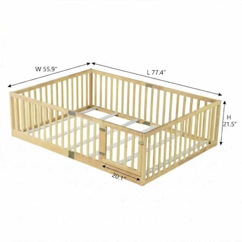 Image of Bellemave Full Size Kids Montessori Floor Bed Frame with Door and Slats,Solid Wood Floor Bed Frame with Slats and High Fence for Kids,Girls,Boys,Natural