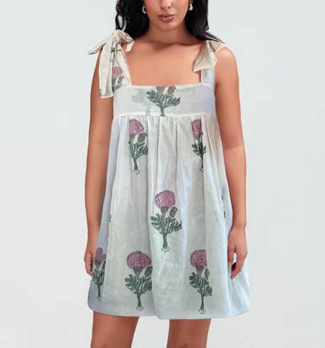 Image of Women Floral Tie Shoulder Mini Dress Cute Square Neck Loose Fit Beach Short Dress Backless Boho Vocation Sundress