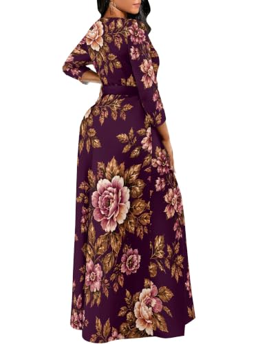Image of Women Plus Size Long Sleeve V Neck Maxi Dress with Belt | Soft fabric relaxed fit three quarter sleeve v neck with pockets for party and daily wear