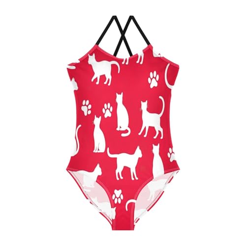 Kids Swim Suits Beach Apparel 3-10 Y with Adjustable Shoulder Strap, White Cat Paw Prints Red